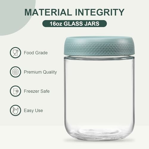 16oz glass jar with teal lid, labeled food grade, premium quality, freezer safe, easy use.