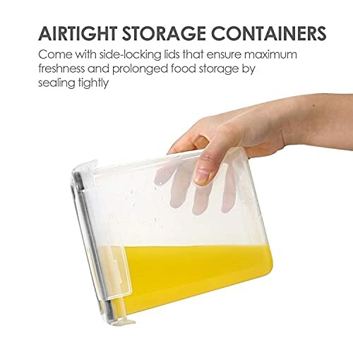 Hand holding an airtight storage container with yellow liquid.