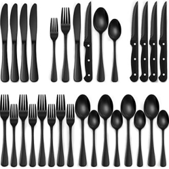 Black cutlery set with knives, forks, spoons, and steak knives.