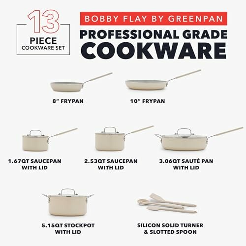 Bobby Flay 13-piece professional grade cookware set by GreenPan featuring frypans, saucepans, sauté pan, stockpot, and utensils.