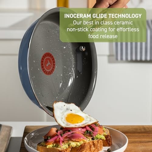 Non-stick ceramic pan demonstrating effortless food release with fried egg.