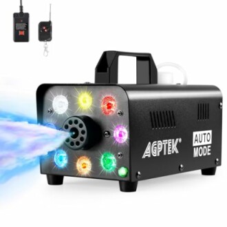 Fog machine with colorful LED lights and remote control.