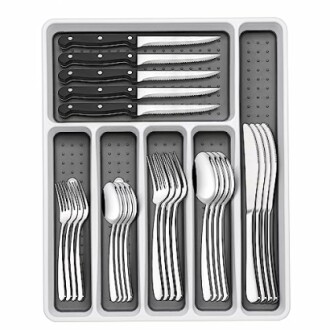 Organized cutlery in a drawer tray