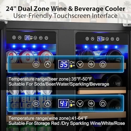 24-inch dual zone wine and beverage cooler with touchscreen interface showing temperature settings for beer and wine storage.