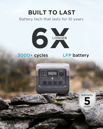 Portable power station with 10-year lifespan and 5-year warranty.