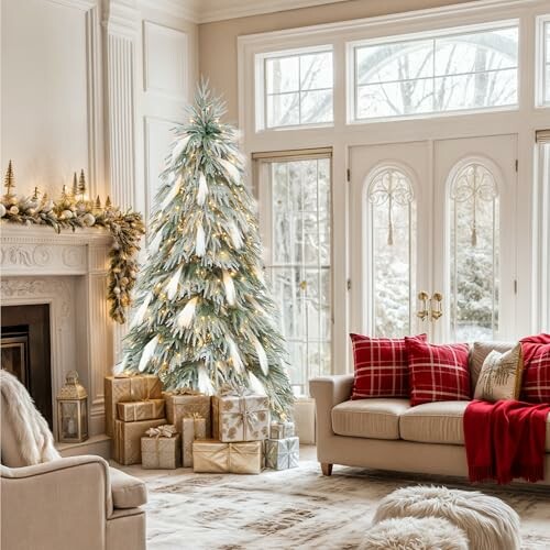 Elegant living room with Christmas tree and gifts.