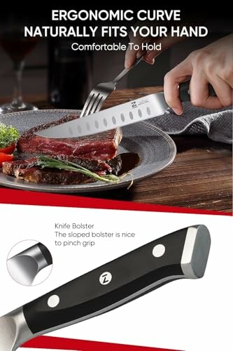 Person holding ergonomic knife cutting steak with close-up of knife bolster.