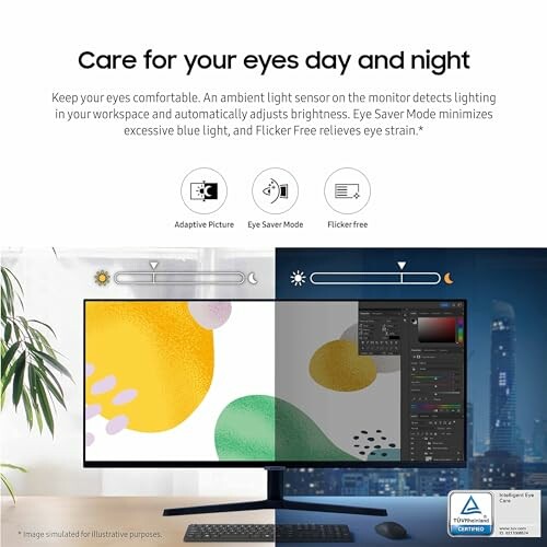 Monitor with adaptive picture and eye saver mode features.