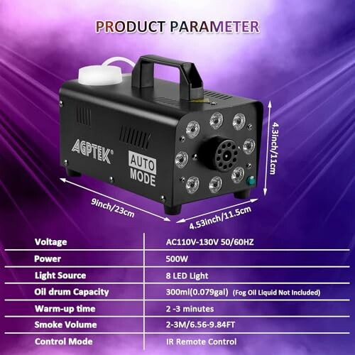 AGPTEK fog machine with auto mode and 8 LED lights, specifications listed.