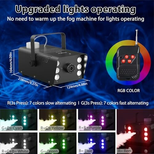 Fog machine with RGB color options and remote control.