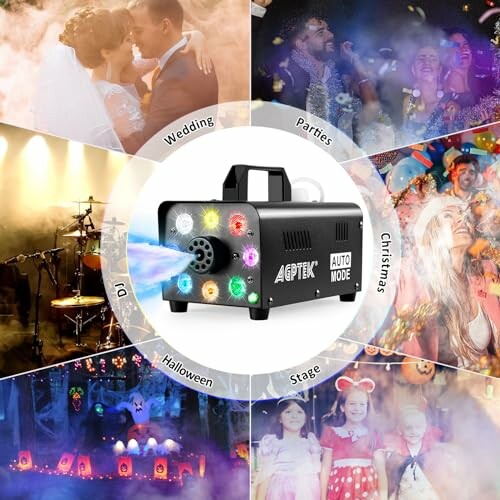 Fog machine with colorful lights for various events like weddings, parties, and Halloween.