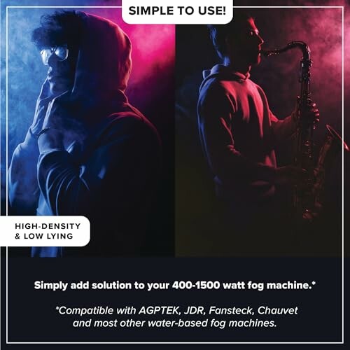 Advertisement for fog machine solution with person playing saxophone