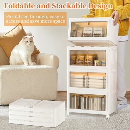 Person demonstrating a foldable, stackable storage cabinet with a cat on a sofa.