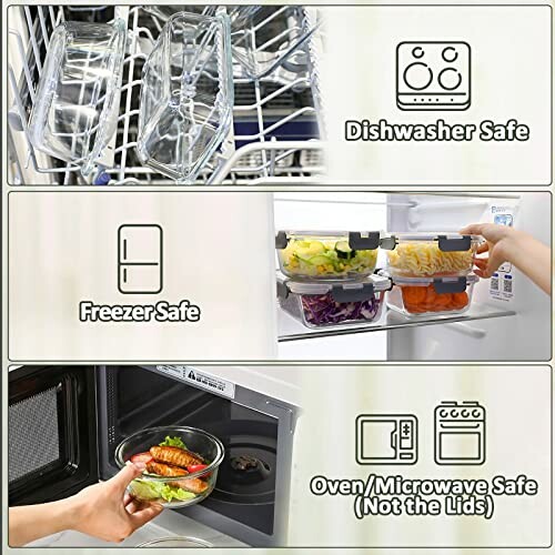 Containers showing dishwasher, freezer, and oven/microwave safety.