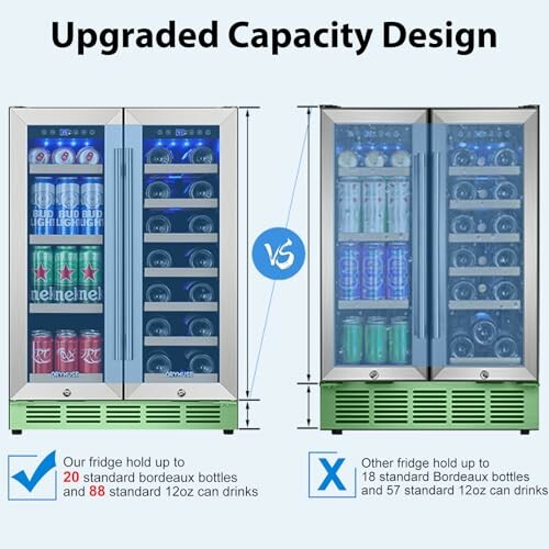 Comparison of two fridges with upgraded capacity design for bottles and cans.