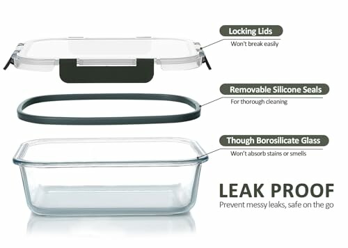 Glass container with locking lid, removable silicone seals, and borosilicate glass.