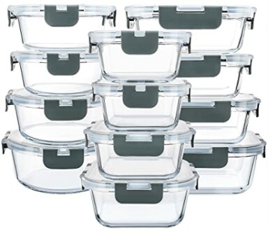 Set of clear glass food storage containers with lids.