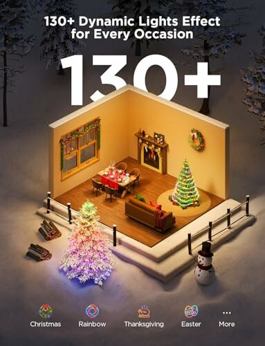 Festive room with dynamic holiday lights and decorations