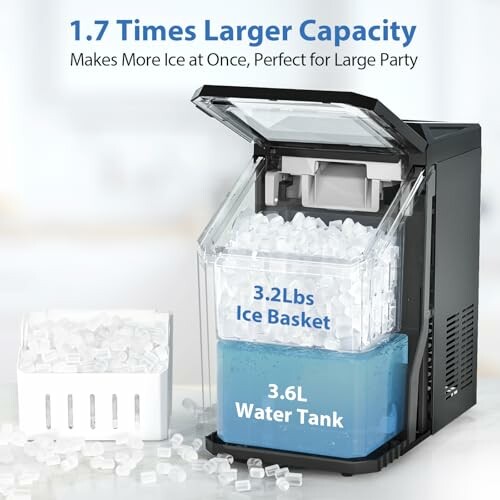 Ice maker with larger capacity, 3.2 lbs ice basket and 3.6L water tank.