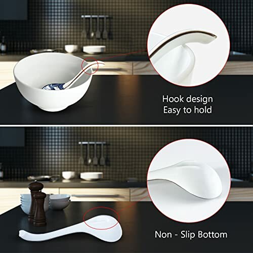 Spoon with hook design for easy holding and non-slip bottom.