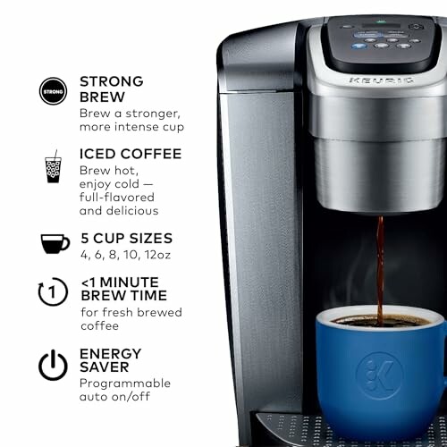 Keurig coffee maker with features like strong brew, iced coffee, multiple cup sizes, quick brew time, and energy saver.