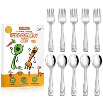 Kids cutlery set with stainless steel forks and spoons, cartoon design.