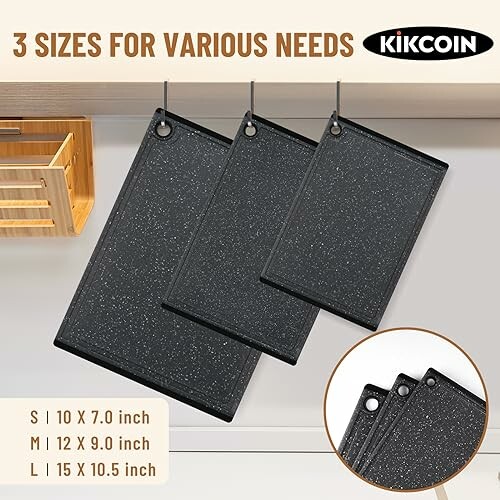 Three Kikcoin cutting boards in small, medium, and large sizes with measurements.