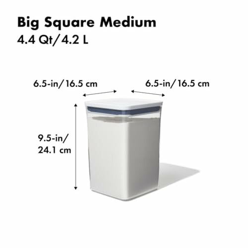 Large square container with dimensions and capacity labeled.