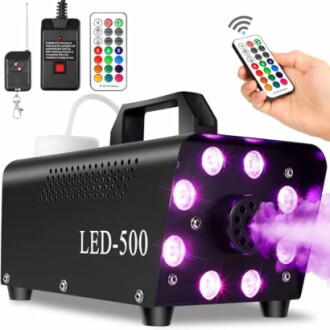 LED fog machine with remote controls and multicolor lights.