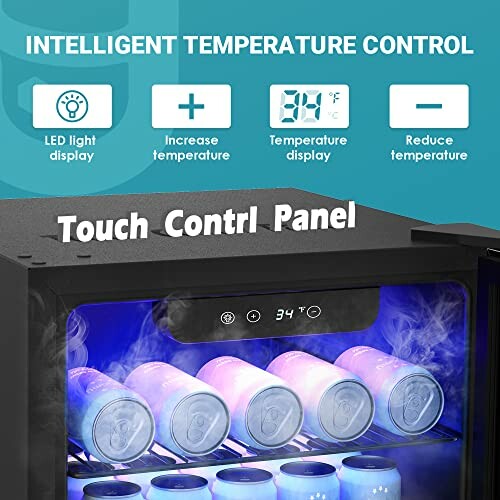 Mini fridge with intelligent temperature control and touch panel.