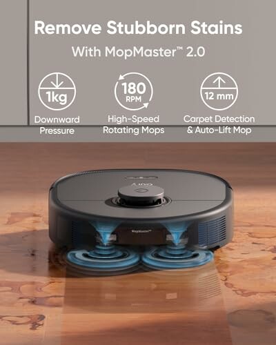 MopMaster 2.0 robot vacuum cleaning hardwood floor with features listed.