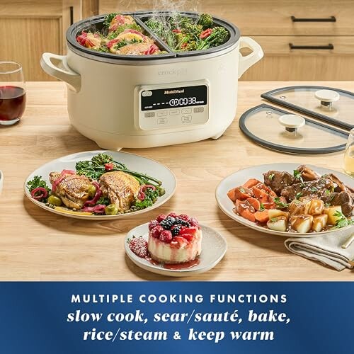 Multifunctional cooker with prepared dishes on a kitchen counter.