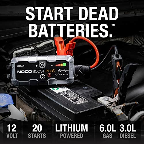 NOCO Boost Plus jump starter for dead batteries in car engine.