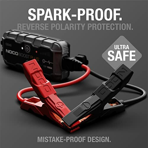 NOCO Boost Plus jump starter with spark-proof and reverse polarity protection.