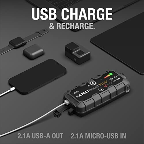 NOCO Boost Plus charging devices via USB.