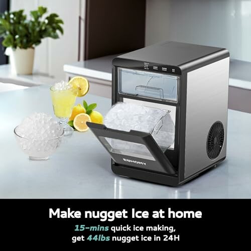 Home nugget ice maker with ice cubes and lemon slices.