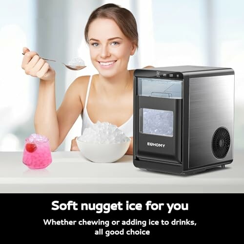 Woman enjoying soft nugget ice with ice maker.