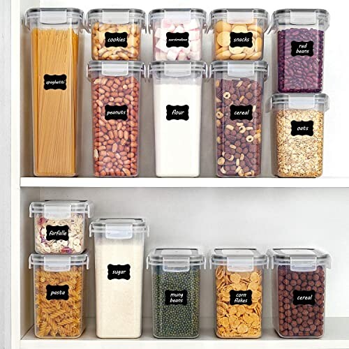 Pantry storage containers filled with various dry foods.