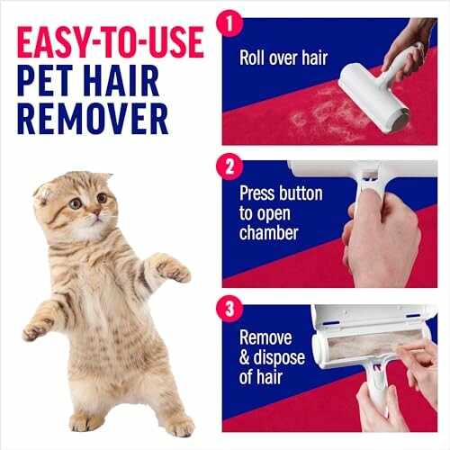 Instructions for using a pet hair remover with a cat and three steps.