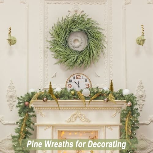 Elegant fireplace with pine wreath and garland decor.