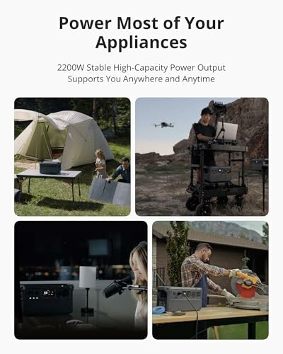 Collage of a portable power station used outdoors and indoors for various appliances.