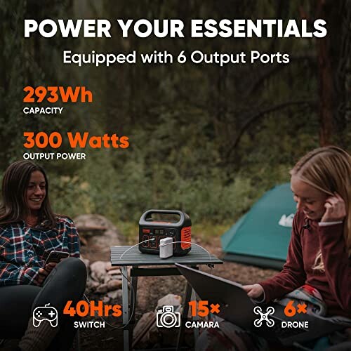 Two people using a portable power station while camping with a tent in the background.