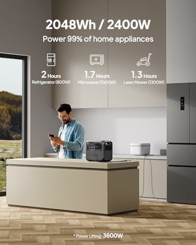 Man using a portable power station in a modern kitchen with appliance usage details.