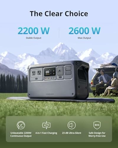 Portable power station with 2200W stable output and 2600W max output, outdoors.