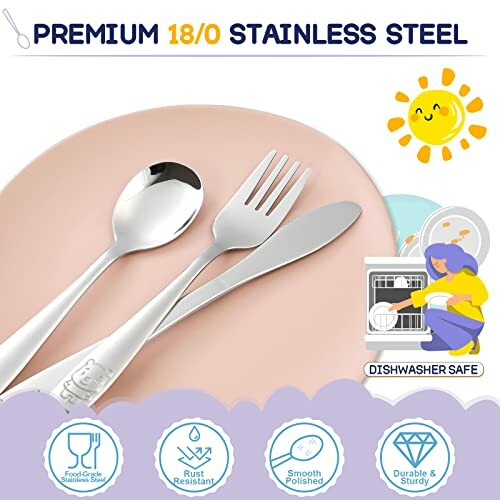 Stainless steel cutlery set with spoon, fork, and knife on a plate, dishwasher safe.