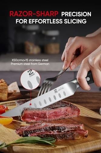 Person slicing steak with a precision knife.