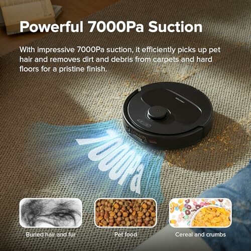 Robot vacuum cleaner demonstrating powerful 7000Pa suction on carpet.