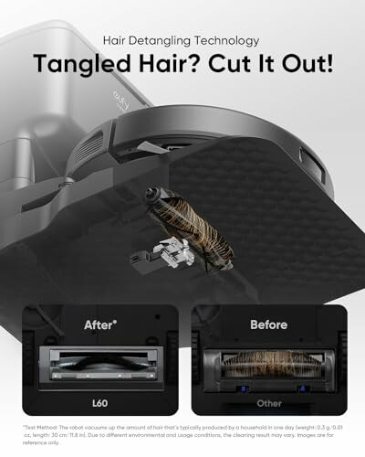 Robot vacuum with hair detangling technology comparison before and after.