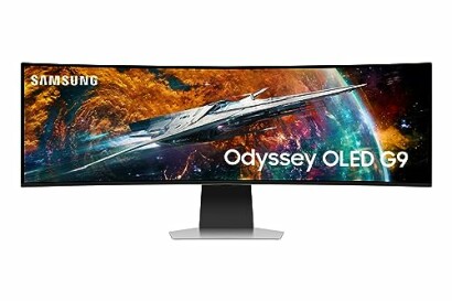 Samsung Odyssey OLED G9 curved gaming monitor displaying a spaceship in space scene.