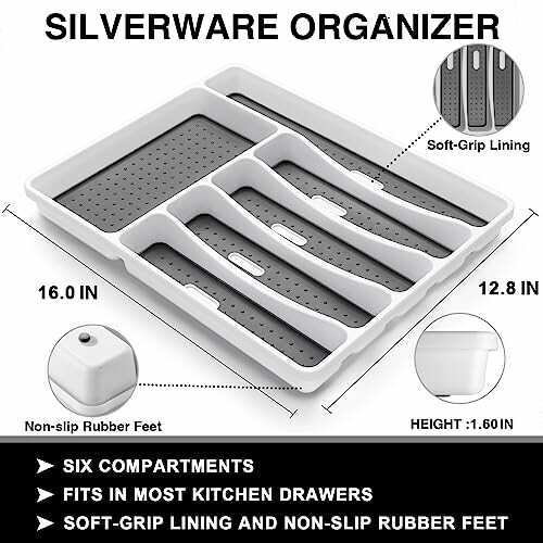 Silverware organizer with six compartments, soft-grip lining, and non-slip rubber feet.